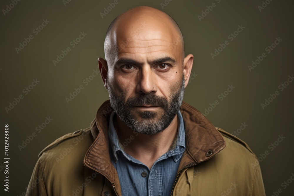 Portrait of a bald man with a beard in a brown jacket Portrait of a bald man with a beard in a brown jacket