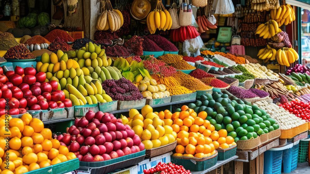 Obraz premium Cultural Exploration in a Bustling Asian Fruit Market: A Vibrant Journey
