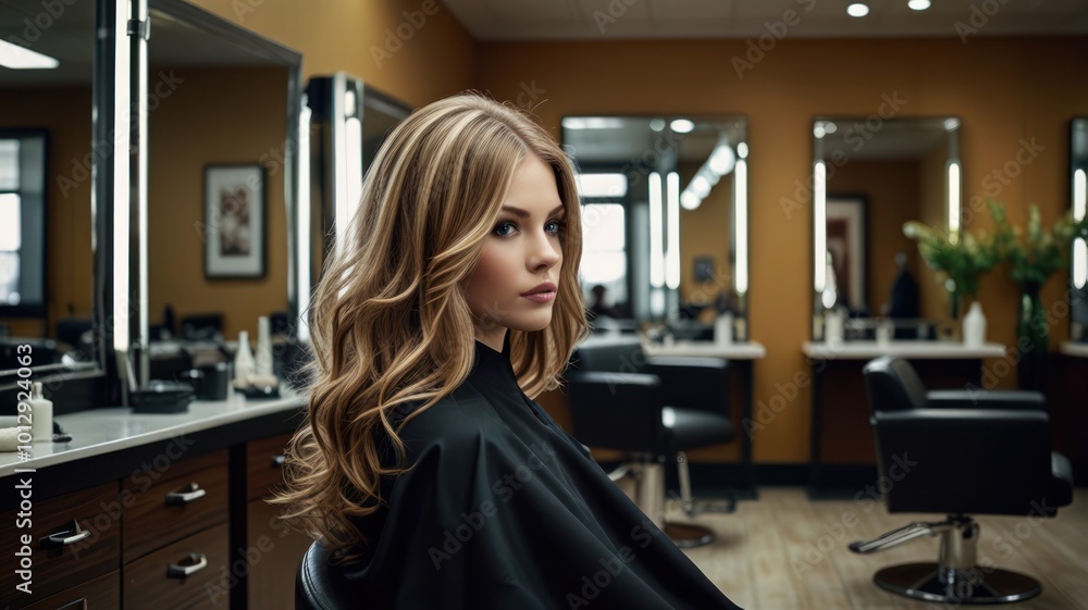 A young woman with long blonde hair sits in a salon chair, looking over her shoulder. She is wearing a black cape and is surrounded by mirrors and styling products. A young woman with long blonde hair sits in a salon chair, looking over her shoulder. She is wearing a black cape and is surrounded by mirrors and styling products.