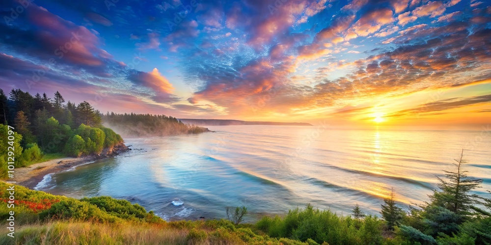 A serene coastal landscape with a vibrant sunrise casting a golden glow on the water A serene coastal landscape with a vibrant sunrise casting a golden glow on the water