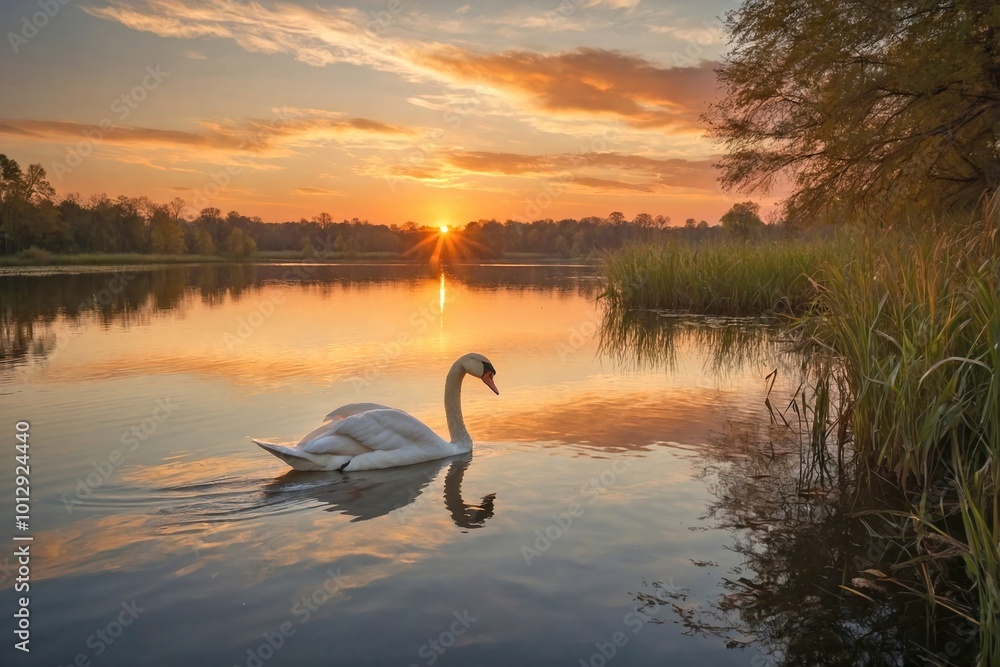 Fototapeta premium Swan Gliding on a Serene Lake at Sunset