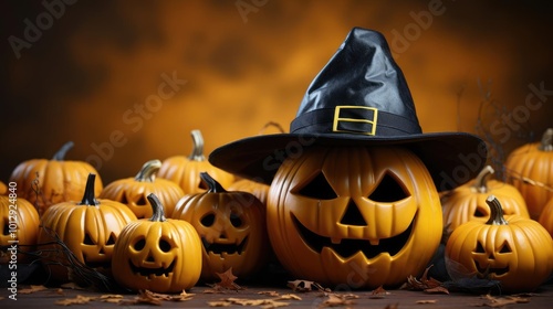 a group of jack o lantern pumpkins with a witch's hat on top photo