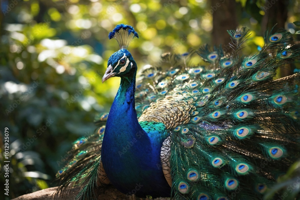 Obraz premium Peacock Displaying Its Iridescent Feathers in a Lush Garden