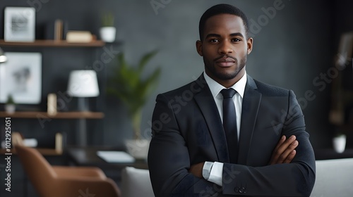 African American businessman in formal wear, showcasing confidence and professionalism in a modern office