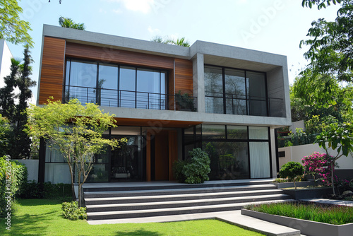 Modern two-story villa with glass windows, steel-framed exterior walls, and wooden accents. Spacious lawn landscape design with a wide perspective view of the front yard,creating an elegant atmosphere