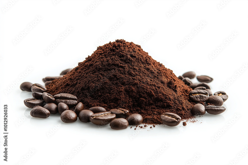 Abstract background, Coffee beans and Ground coffee and on white background, texture. AI generation.
Abstract background, Coffee beans and Ground coffee and on white background, texture. AI generation.
