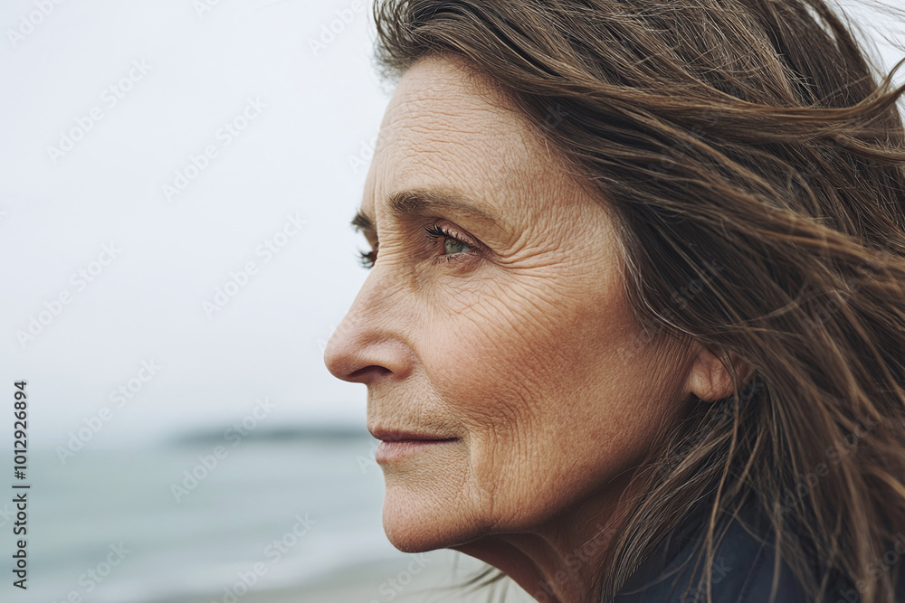 close-up profile of a senior woman with windswept hair, looking out at the sea close-up profile of a senior woman with windswept hair, looking out at the sea