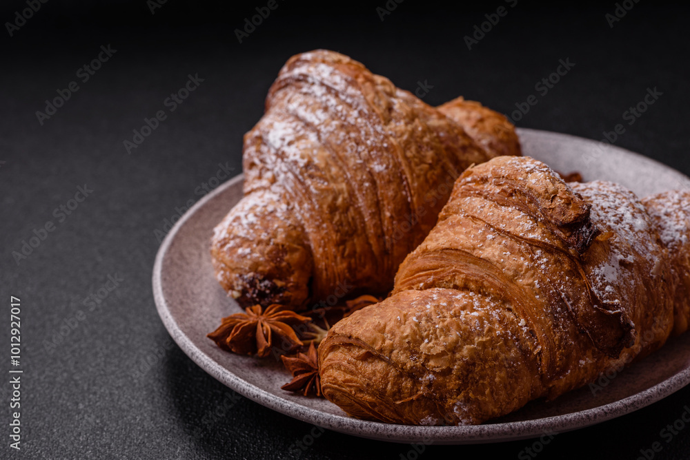 Delicious crispy sweet croissant with chocolate Delicious crispy sweet croissant with chocolate