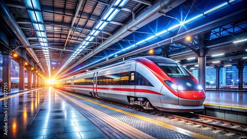 Modern High-Speed Train Arriving at a Platform Illuminated by Neon Lights in a Contemporary Train Station