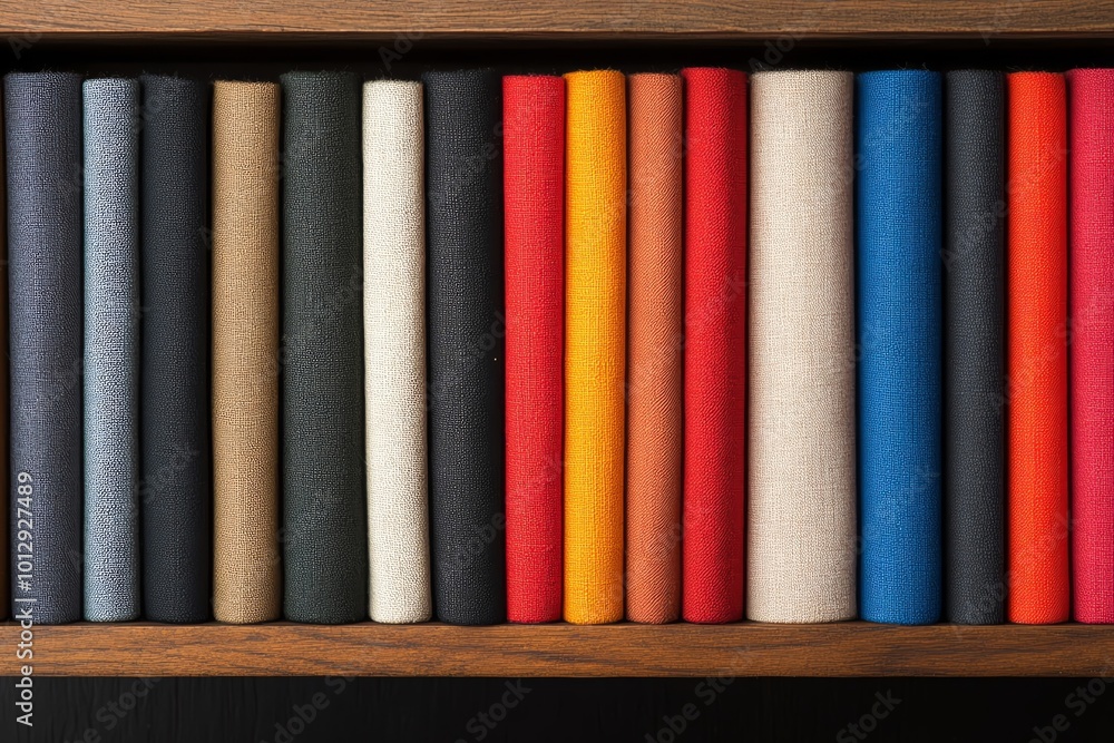 Colorful fabric rolls neatly arranged on a wooden shelf. Colorful fabric rolls neatly arranged on a wooden shelf.