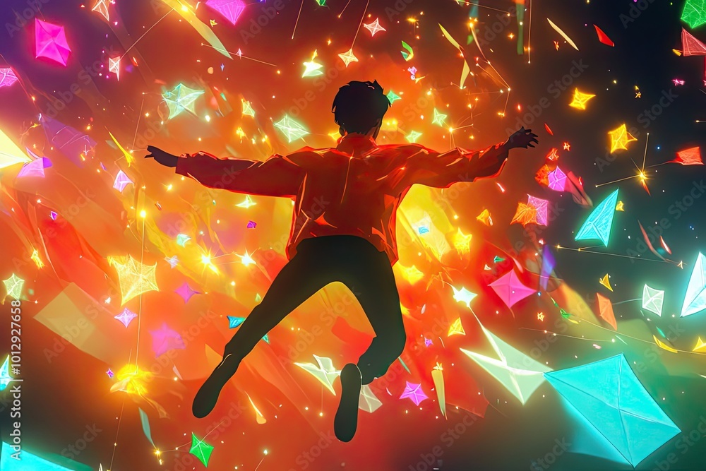 A Silhouette of a Person Falling Through a Sky Filled with Glowing Geometric Shapes A Silhouette of a Person Falling Through a Sky Filled with Glowing Geometric Shapes