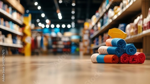 Wallpaper Mural Colorful rolled towels stacked in a cozy store aisle, warmly lit ambiance. Torontodigital.ca