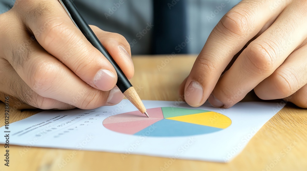 Hands analyzing data with color pie chart on paper, wooden table background. Hands analyzing data with color pie chart on paper, wooden table background.