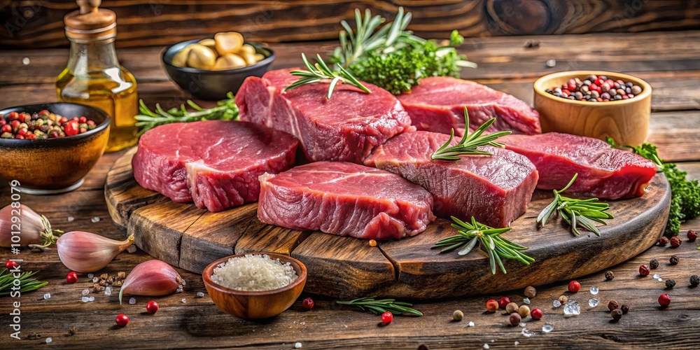 Raw Meat Cuts Ready for Seasoning on Rustic Wooden Cutting Board with Herbs and Spices Raw Meat Cuts Ready for Seasoning on Rustic Wooden Cutting Board with Herbs and Spices