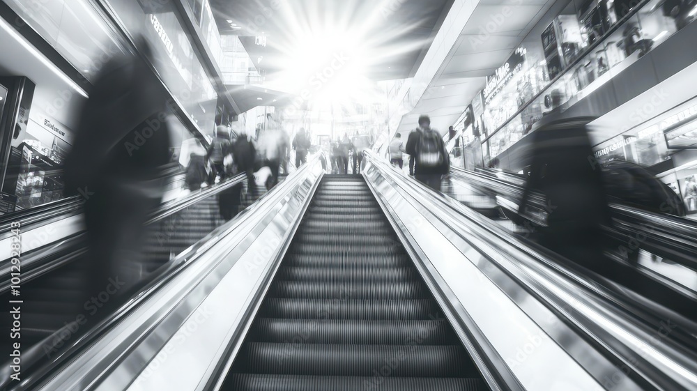 Fototapeta premium People customer transport on escalator at urban shopping mall, Department store business, financial economy,city life, tourist traveler lifestyle,Motion blur,copy space.