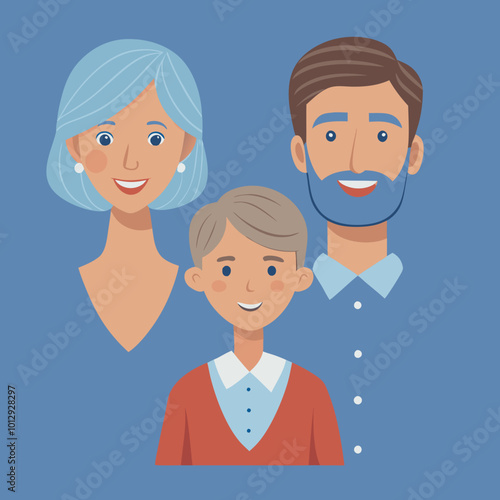 Cartoon family portrait with mother, father, and child on blue background