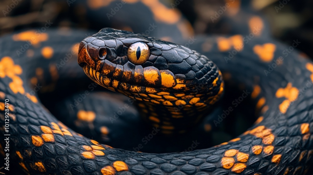 A striking close-up of a black snake with vibrant orange markings coiled tightly, capturing the intricate details of its scales and the intense focus of its eyes.. AI Generation A striking close-up of a black snake with vibrant orange markings coiled tightly, capturing the intricate details of its scales and the intense focus of its eyes.. AI Generation