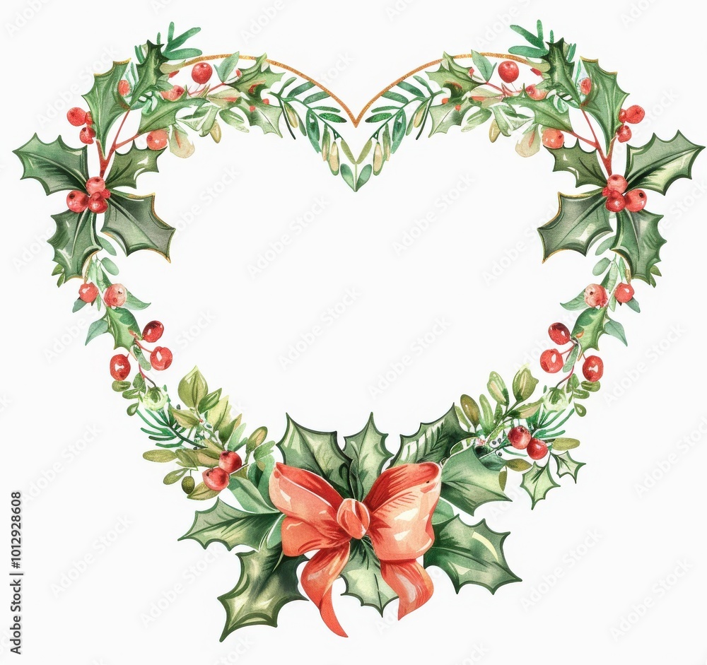 Fototapeta premium Beautiful heart-shaped holiday wreath with berries and greenery designed for festive decorations