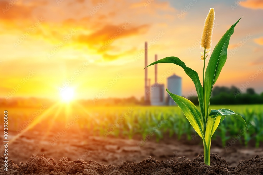 Single corn plant growing in soil against a vibrant sunset. Single corn plant growing in soil against a vibrant sunset.