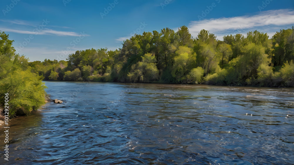 Panorama of calm lake, Kama river blue sky with clouds reflected in the water. Mountain river in spruce forest Panorama of calm lake, Kama river blue sky with clouds reflected in the water. Mountain river in spruce forest