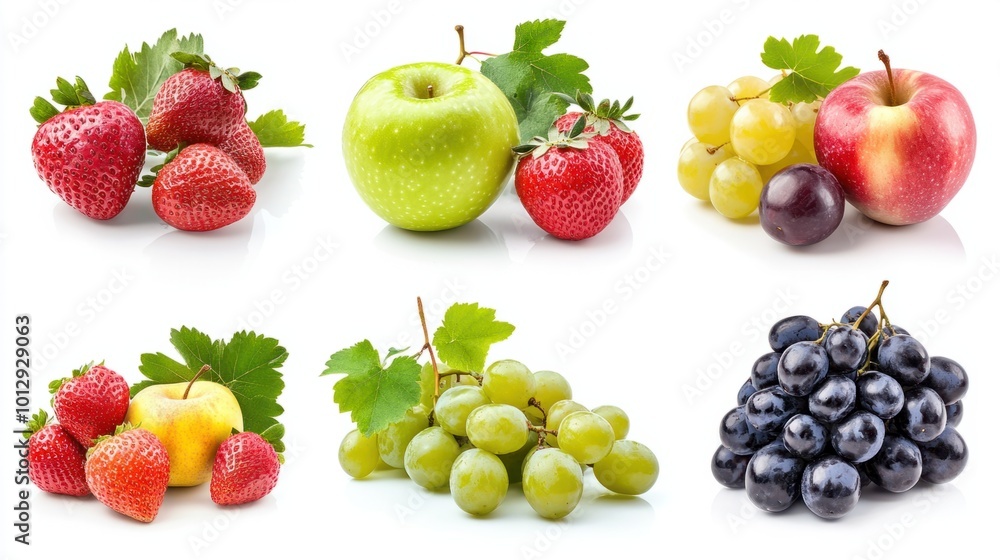 A fresh and vibrant collection of fruits, including grapes, apples, and strawberries, isolated on white A fresh and vibrant collection of fruits, including grapes, apples, and strawberries, isolated on white