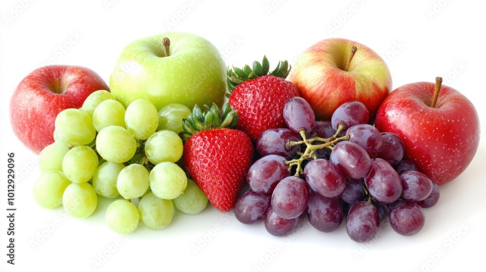 A fresh and vibrant collection of fruits, including grapes, apples, and strawberries, isolated on white A fresh and vibrant collection of fruits, including grapes, apples, and strawberries, isolated on white