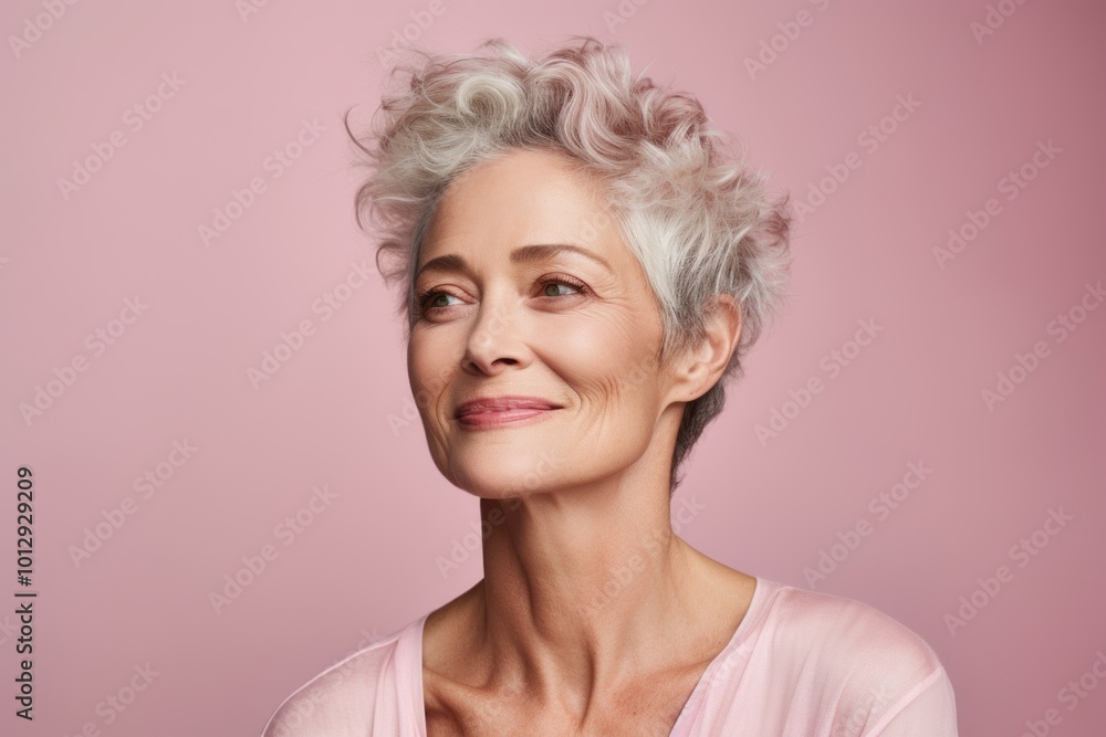 Portrait of a beautiful senior woman with short grey hair on a pink background Portrait of a beautiful senior woman with short grey hair on a pink background