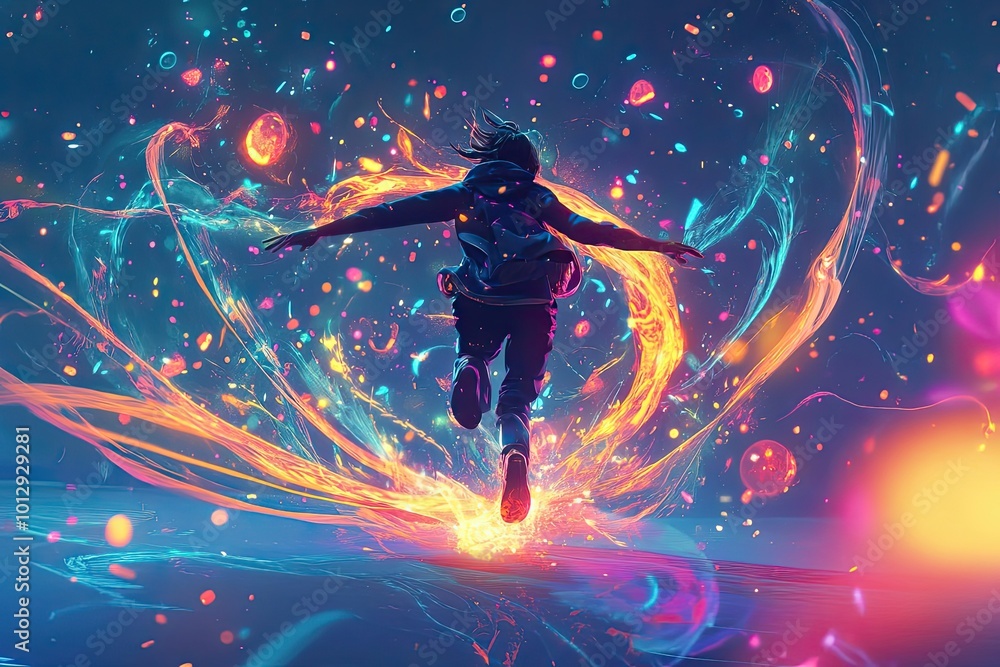 A silhouette of a person running through a colorful, ethereal landscape. A silhouette of a person running through a colorful, ethereal landscape.
