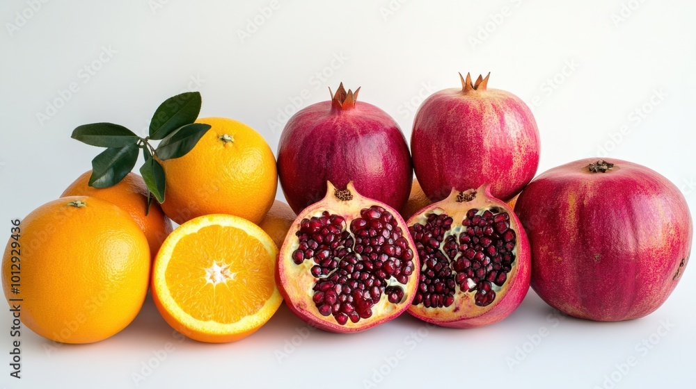 A fresh fruit arrangement with pomegranate, apples, and oranges isolated on a white background A fresh fruit arrangement with pomegranate, apples, and oranges isolated on a white background