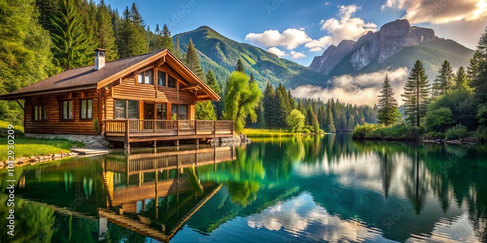 Fototapeta premium A serene wooden cabin nestled on the shore of a tranquil lake, surrounded by a dense forest and towering mountains, with a reflection of the sky and clouds in the still water.