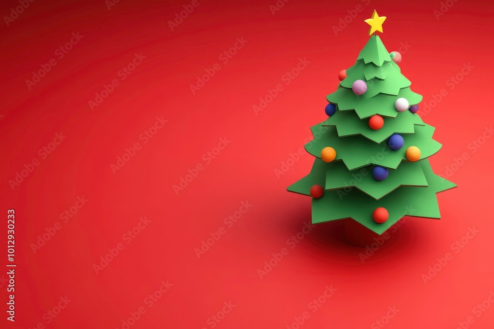 Minimalist Christmas Tree On Red Background Festive Image. Christmas greeting, Christmas banner Minimalist Christmas Tree On Red Background Festive Image. Christmas greeting, Christmas banner