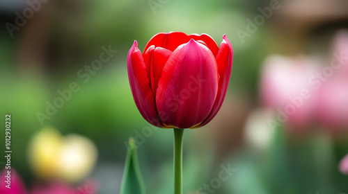 A beautiful red rose with green leaves stands out in a garden setting.

