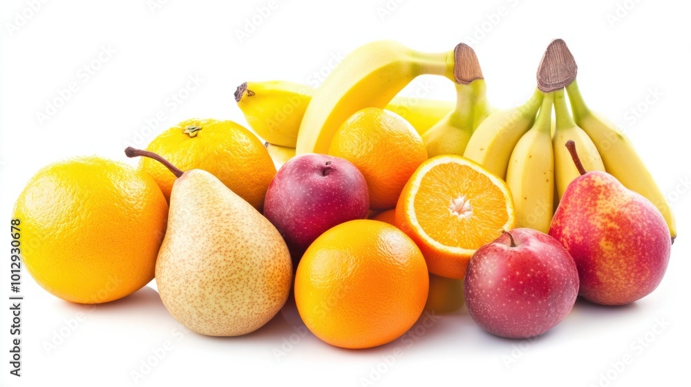 A vibrant display of assorted fruit, featuring bananas, oranges, and pears, isolated on white A vibrant display of assorted fruit, featuring bananas, oranges, and pears, isolated on white