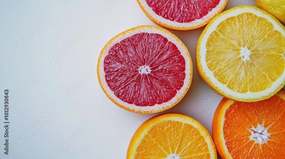 A vibrant display of citrus fruits with sliced lemons, oranges, and grapefruit on white background A vibrant display of citrus fruits with sliced lemons, oranges, and grapefruit on white background