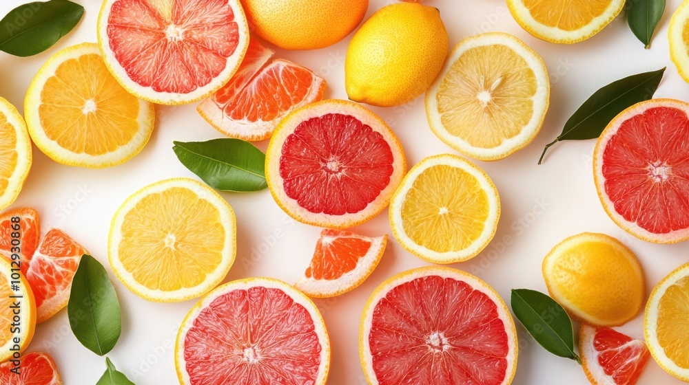 A vibrant display of citrus fruits with sliced lemons, oranges, and grapefruit on white background A vibrant display of citrus fruits with sliced lemons, oranges, and grapefruit on white background