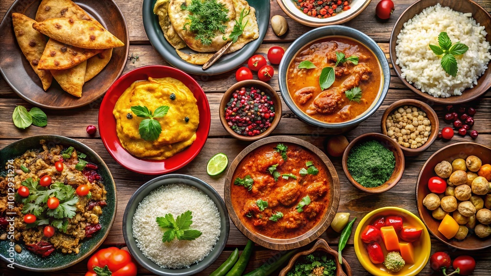 Aromatic Spiced Dishes Arranged on Rustic Wooden Surface, Featuring Rich Curries, Fragrant Rice, and Vibrant Garnishes Aromatic Spiced Dishes Arranged on Rustic Wooden Surface, Featuring Rich Curries, Fragrant Rice, and Vibrant Garnishes