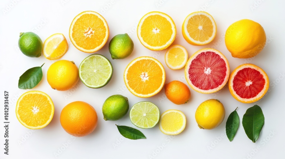 Assorted citrus fruits like oranges, lemons, and limes arranged together on white background Assorted citrus fruits like oranges, lemons, and limes arranged together on white background
