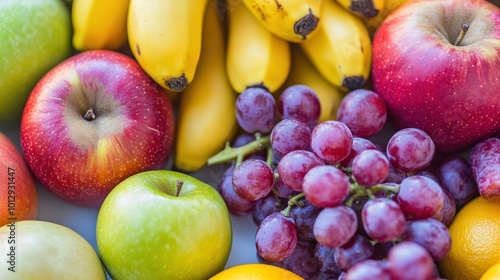 An assortment of vibrant fruits, including apples, bananas, and grapes, arranged on white background