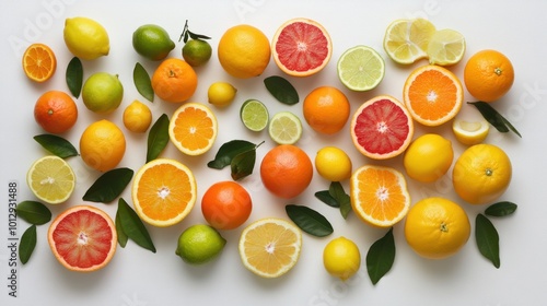 Assorted citrus fruits like oranges, lemons, and limes arranged together on white background