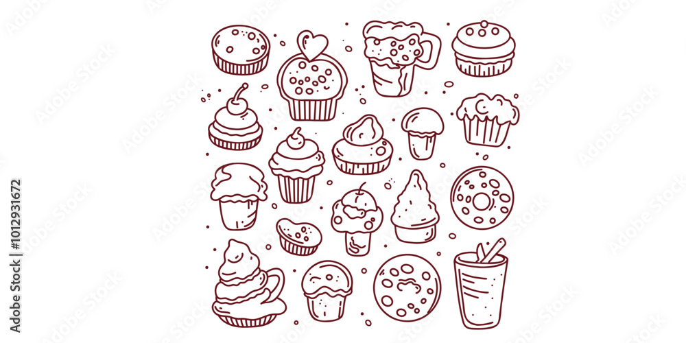 Set of doodle sweets on white. Cakes, cookies, pastries, cookies, pastries, donuts, ice cream. Dessert menu or food packaging design. Set of doodle sweets on white. Cakes, cookies, pastries, cookies, pastries, donuts, ice cream. Dessert menu or food packaging design.