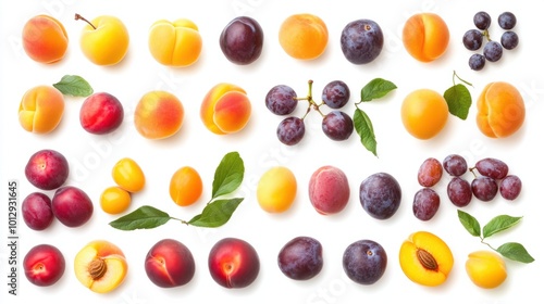Wallpaper Mural Assorted stone fruits like peaches, plums, and apricots arranged together on a white background Torontodigital.ca