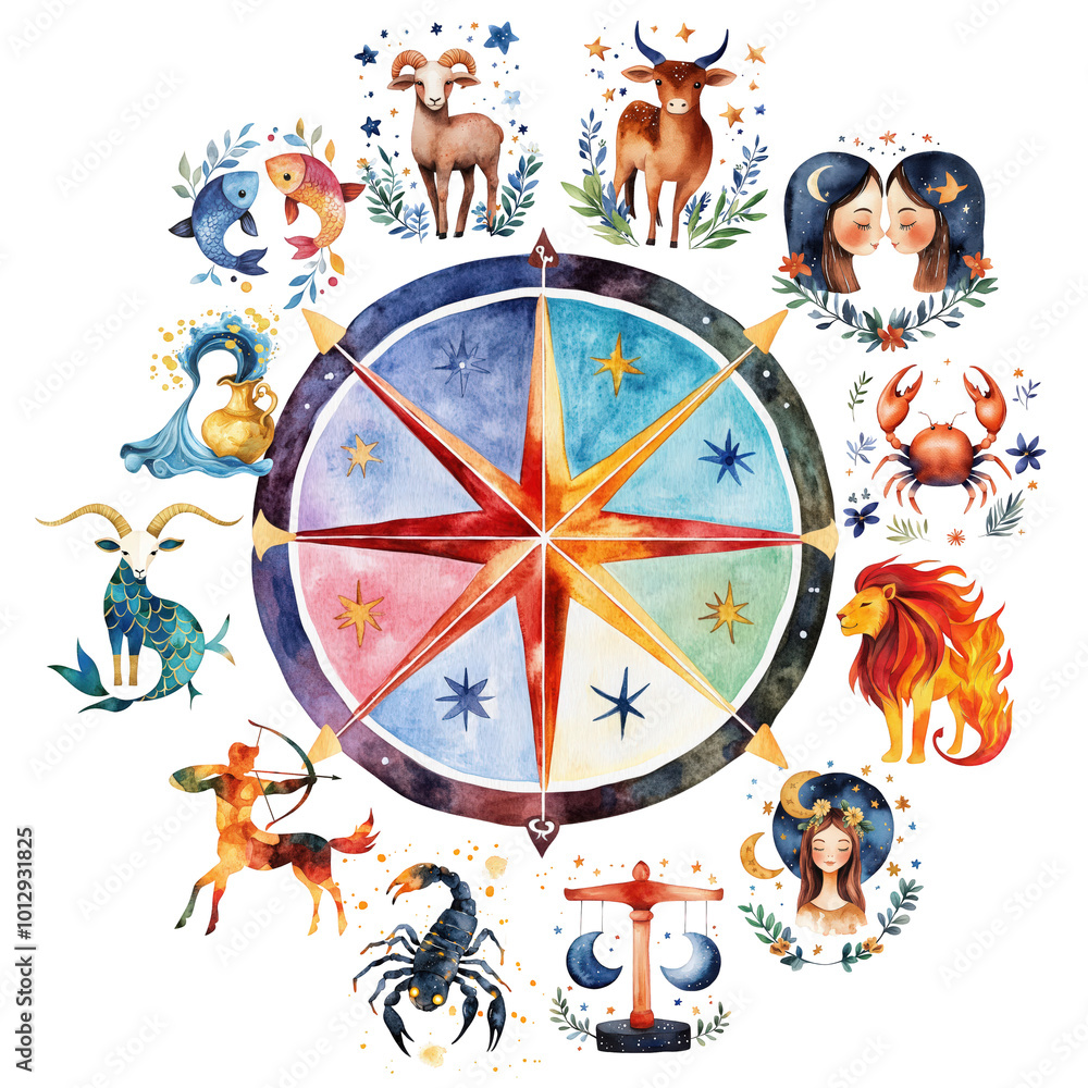 Naklejka premium Watercolor Zodiac Wheel Illustration.
