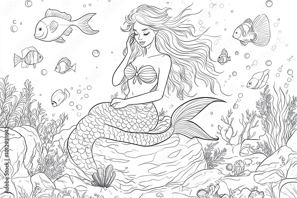 Ocean Adventure Coloring Page with Mermaid Ocean Adventure Coloring Page with Mermaid