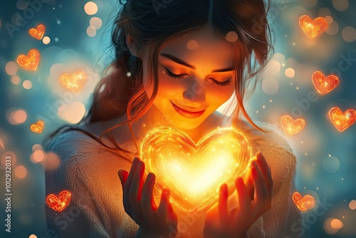 A woman cradles a glowing heart with her hands, surrounded by sparkling hearts.