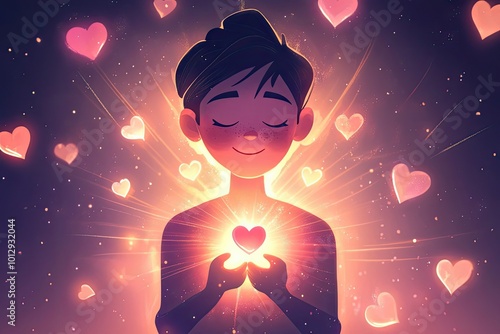 A Person Holding a Glowing Heart with Surrounding Hearts