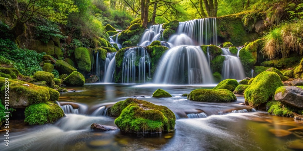 A cascading waterfall amidst lush greenery, with moss-covered rocks forming a serene natural pool A cascading waterfall amidst lush greenery, with moss-covered rocks forming a serene natural pool