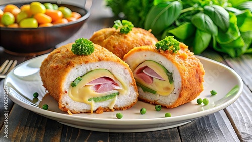 Golden-brown breaded rolls filled with melted cheese, savory ham, and crisp cucumber slices, artfully arranged on a white plate, resting on a rustic wooden surface.