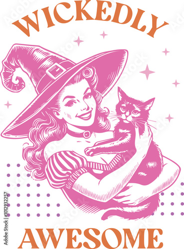 halloween Vector illustration of a witch holding a cat with the phrase Wickedly Awesome. A cute and whimsical Halloween design, perfect for party decorations and festive projects