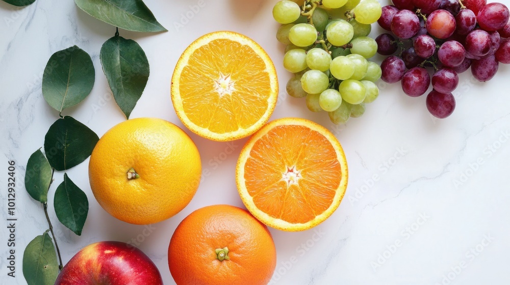 Fresh fruit assortment featuring apples, oranges, and grapes, beautifully arranged on a white background Fresh fruit assortment featuring apples, oranges, and grapes, beautifully arranged on a white background