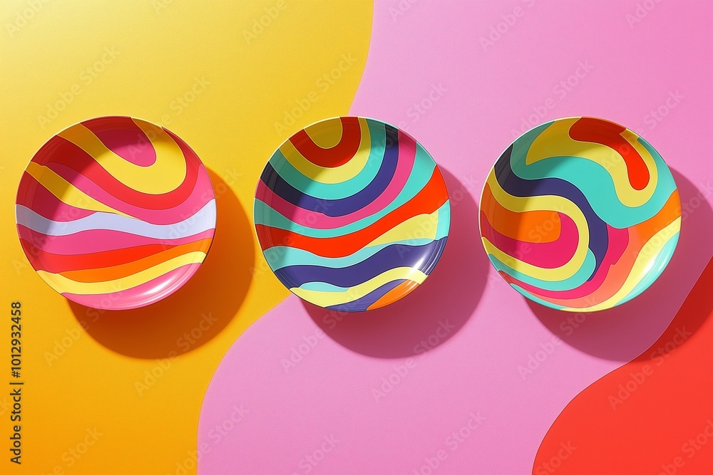 Three colorful plates with a wave pattern on them. The plates are arranged in a row. The background is pink and orange. bright stickers in a solid complimentary background, Three colorful plates with a wave pattern on them. The plates are arranged in a row. The background is pink and orange. bright stickers in a solid complimentary background,